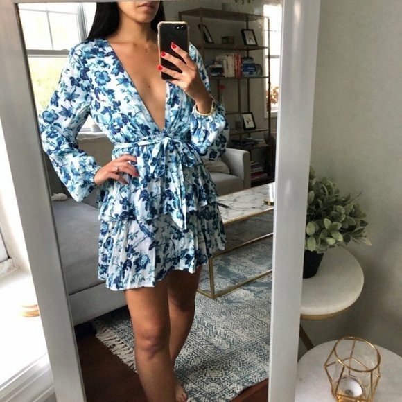 Majorelle Blue Floral Print Balloon Sleeve Plunge Tie Waist Ruffle Mini Dress - Picture 3 of 14